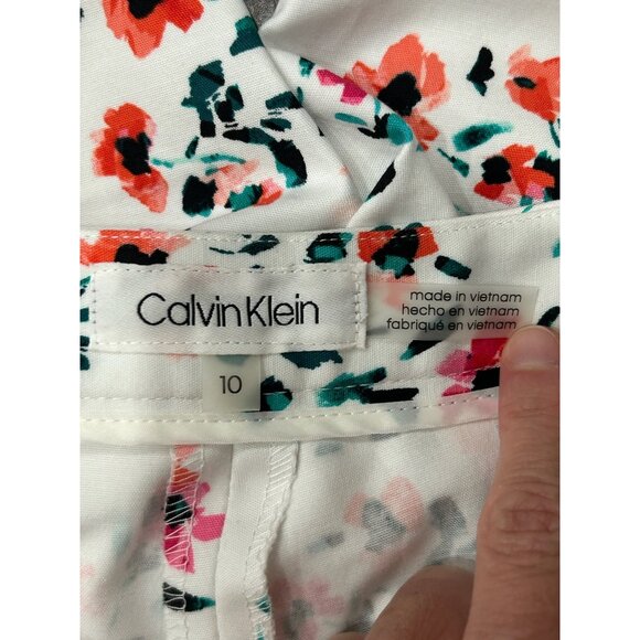 Calvin Klein Floral Pants White Multi Sz 10 Flat Front Mid Rise Bohemian NWT - Picture 6 of 13
